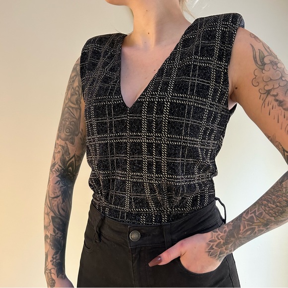 BO.BO Bourgeois Boheme ~Gold Metallic Plaid Bodysuit - Picture 2 of 13